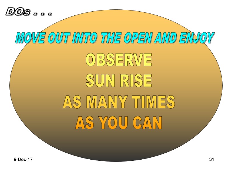 8-Dec-17 31 OBSERVE SUN RISE AS MANY TIMES AS YOU CAN MOVE OUT INTO